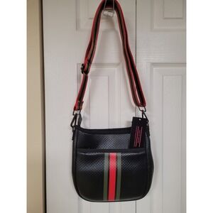Haute Shore Black Perforated Neoprene Crossbody Bag Red Green Stripe Vegan NWT